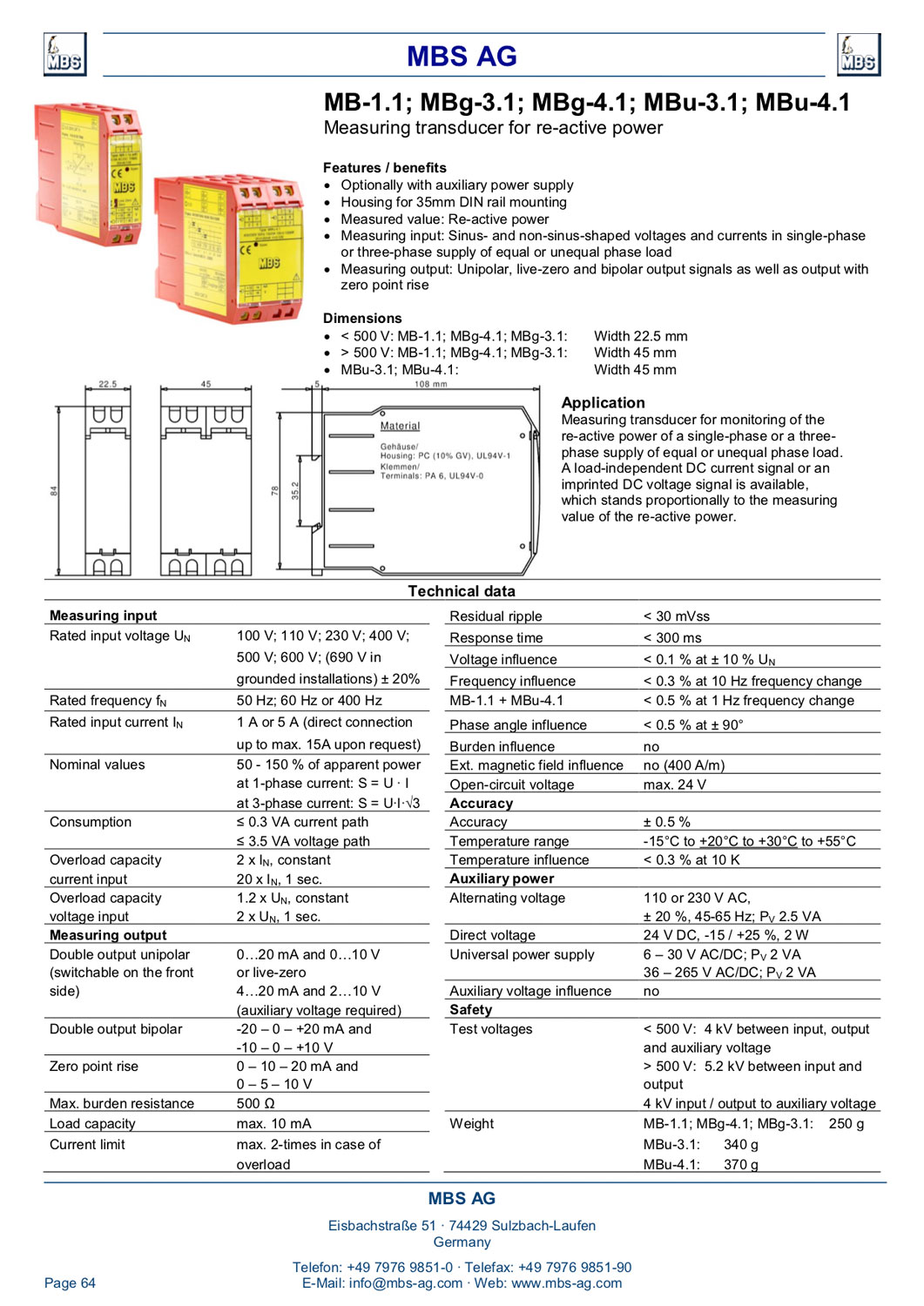 Measuring Transducers In The Mu Series For Effective And Reactive Power Mbs Ag En