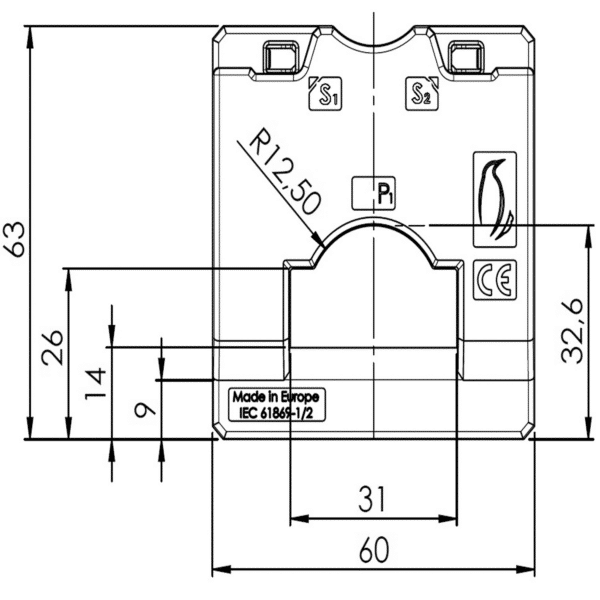 EASKL 31.34, EASKL – plug-in current transformer for InLine II (ZHBM) switching strips, technical drawing 3