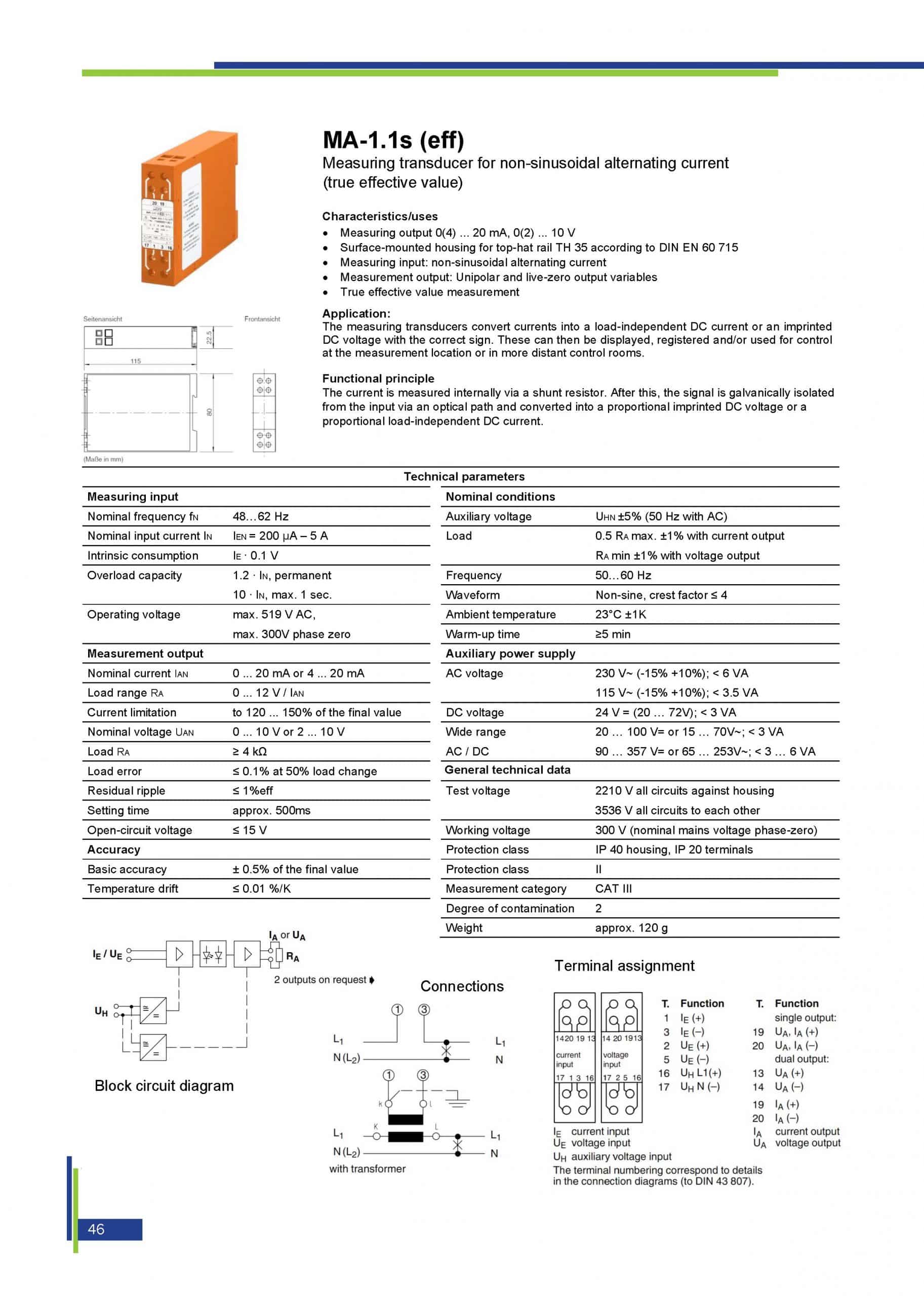 MA - Measuring transducers for currents of any curve shape, true RMS, product description with technical datas page 1