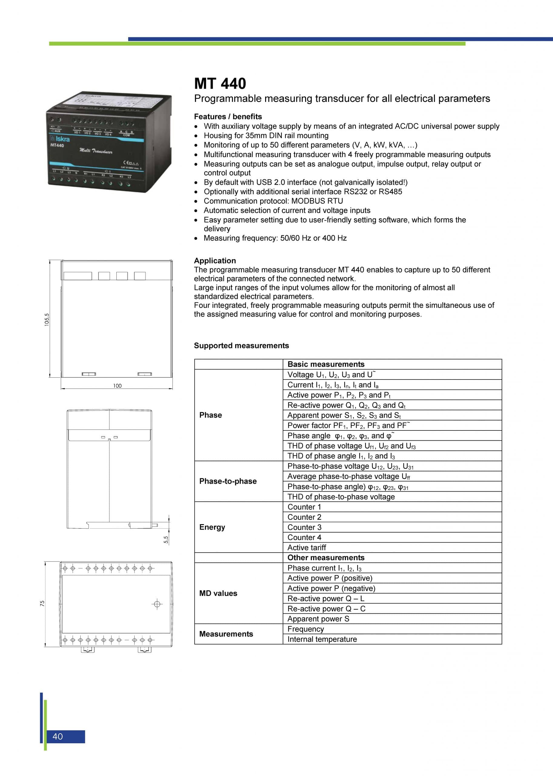 MT 440 - Programmable measuring transducer for all electrical parameters, product description page 1
