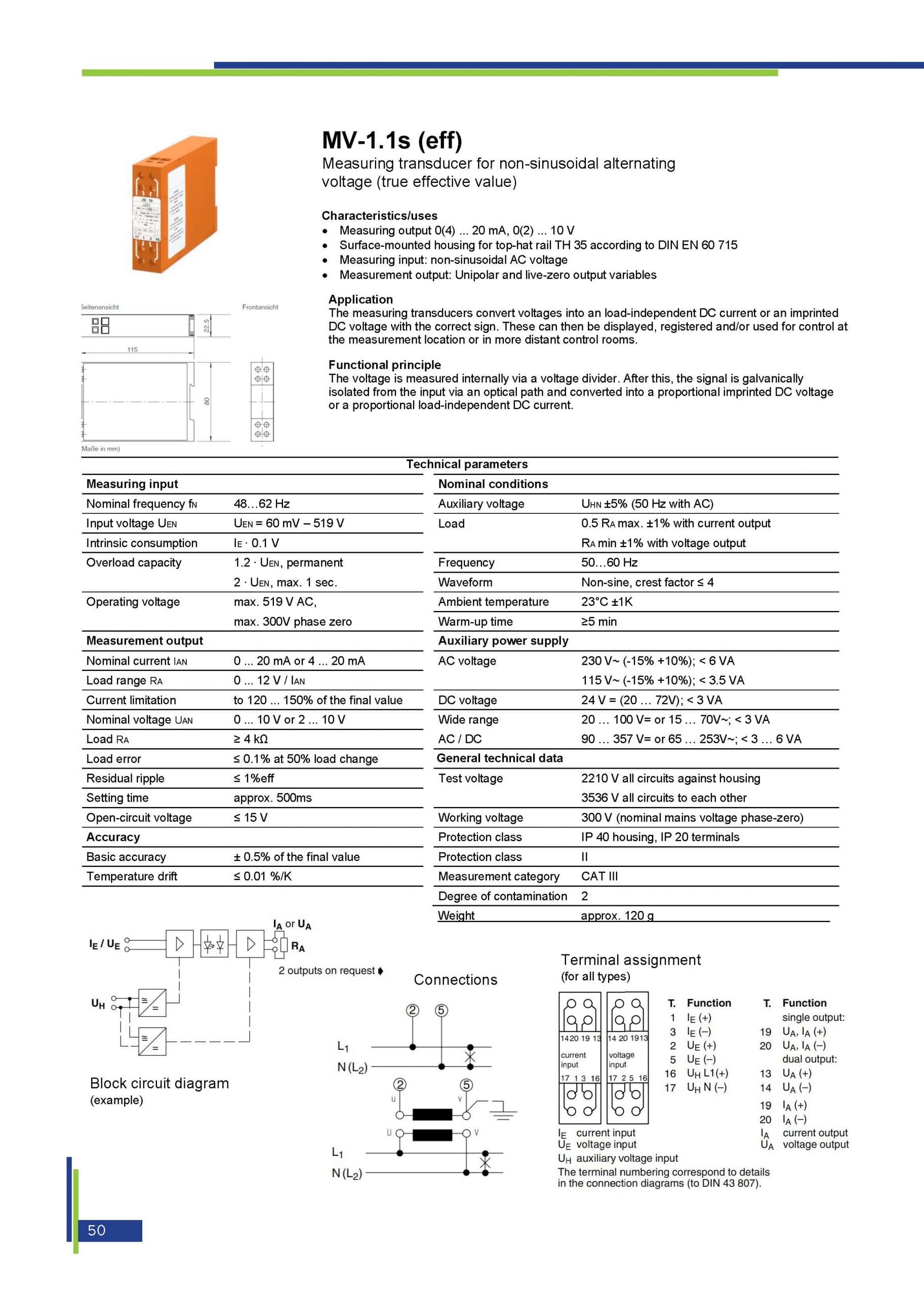 MV-1.1s (eff.), MV - Measuring transducer for non-sinusoidal alternating voltage (true effective value), product description with technical datas page 1