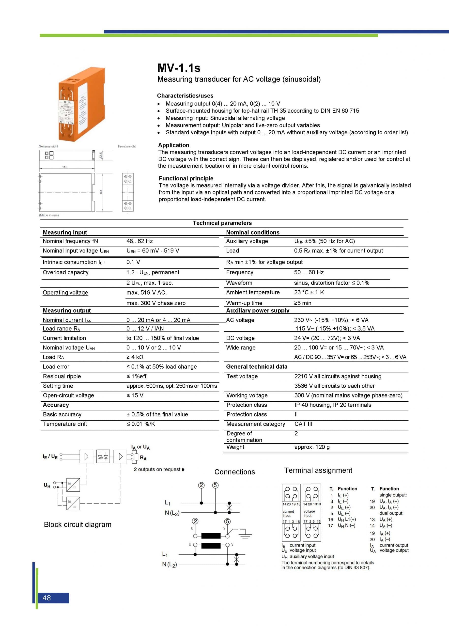 MV-1.1s - Measuring transducer for alternating voltages, product description with technical datas page 1